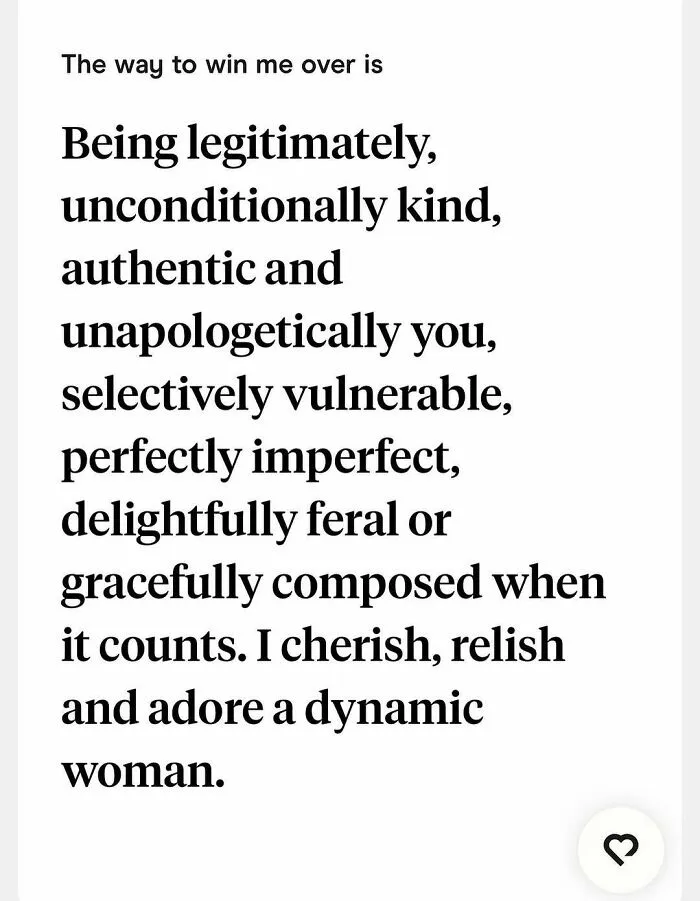 Tinder bio describing qualities to win them over with kindness and authenticity
