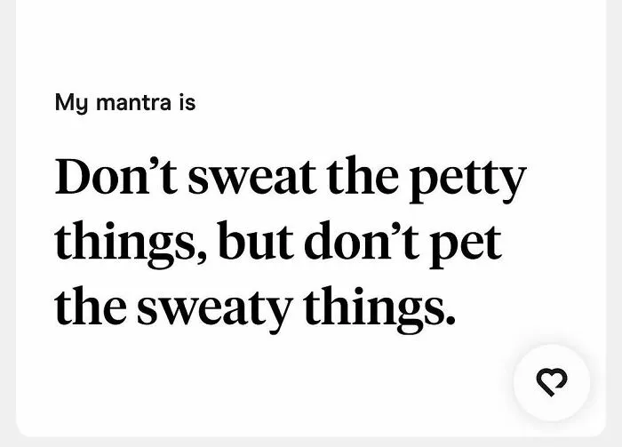 Weird Tinder bio mantra about not sweating petty things or petting sweaty things