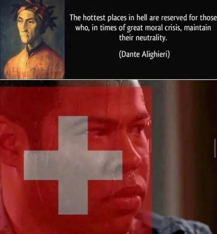 Quote by Dante Alighieri on neutrality with Swiss flag and worried man meme