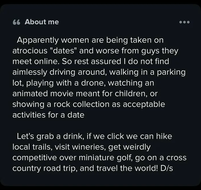 Weird Tinder bio describing unusual date ideas and travel plans