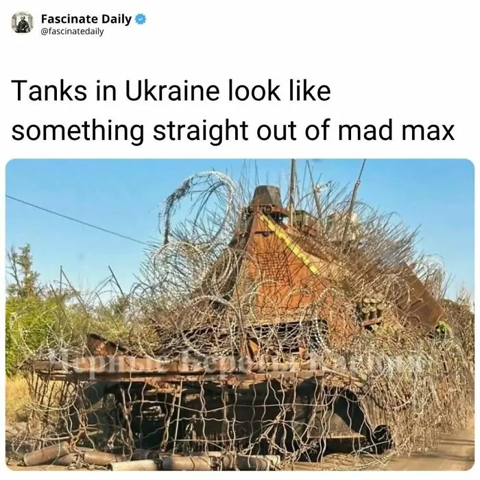 Ukrainian tanks camouflaged with barbed wire resembling Mad Max style military