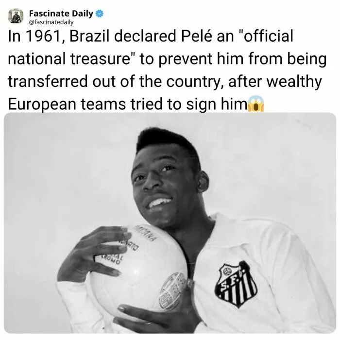 Historic photo of Brazilian football legend Pelé holding a ball as a national treasure