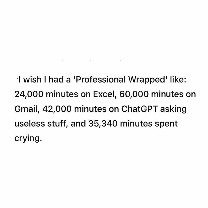 Text meme about wishing for a Professional Wrapped report with hours spent on Excel Gmail ChatGPT