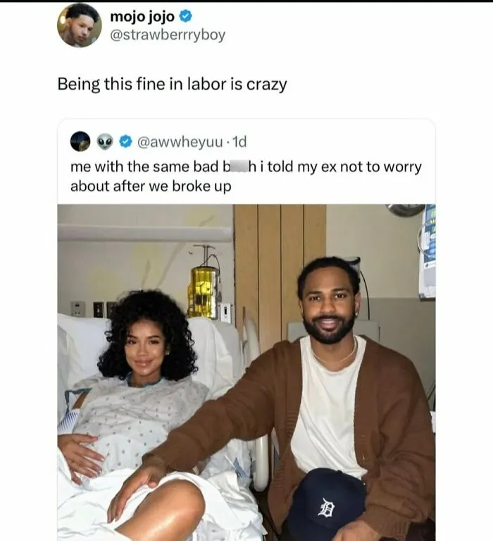 Relatable meme showing a woman in labor with her partner, featuring labor and relatable memes