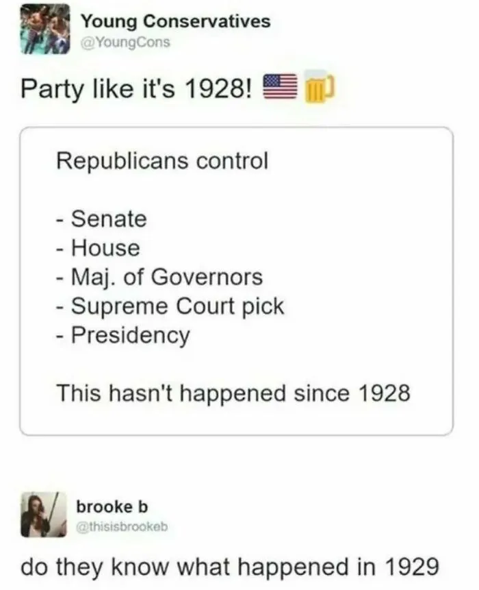 Tweet meme about Republicans control in 1928 with historical reference