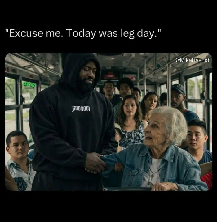 Relatable meme showing leg day excuse with man shaking elderly woman's hand on bus
