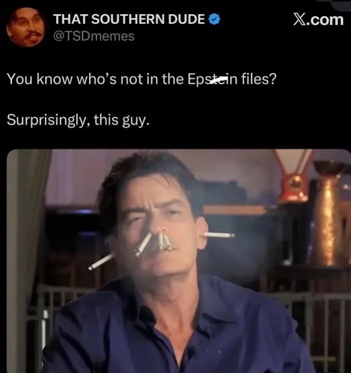 Twitter meme about surprise guy not in Epstein files with man smoking multiple cigarettes