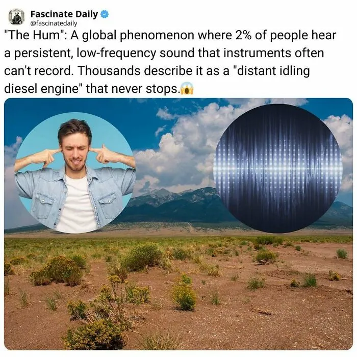 Man covering ears illustrating the phenomenon known as The Hum with sound wave graphic