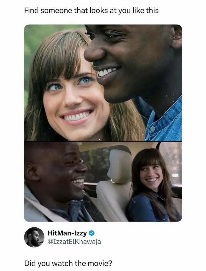 Romantic movie scene meme with couple smiling and looking at each other