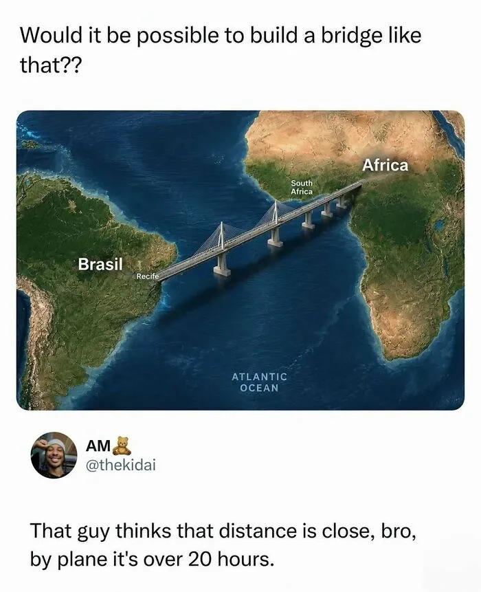 Map showing hypothetical bridge between Brazil and Africa across Atlantic Ocean