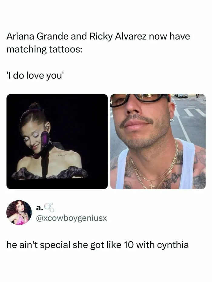 Pop culture news tweet showing Ariana Grande and Ricky Alvarez with matching tattoos.