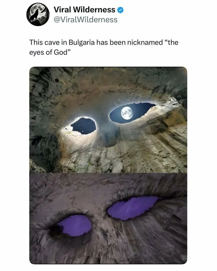 Natural cave openings in Bulgaria resembling eyes under night sky