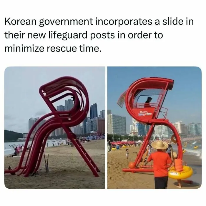Red Korean lifeguard station with an integrated slide, one of many random finds on the beach.