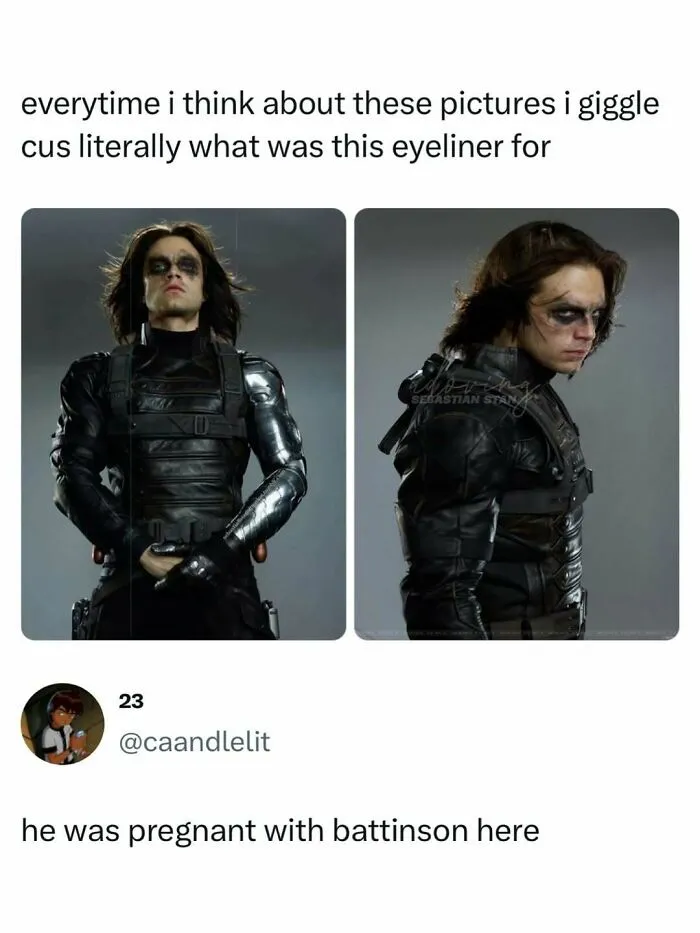 Pop culture news tweet with pictures of Sebastian Stan as Winter Soldier wearing dark smudged eyeliner.