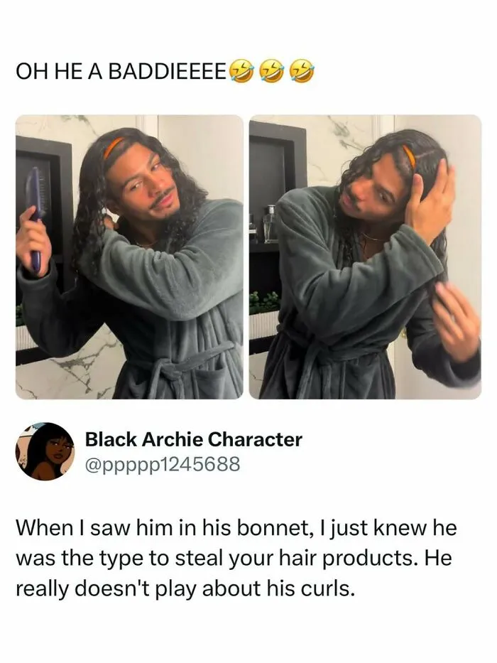 A funny pop culture news post about a man styling his curls in a bathrobe