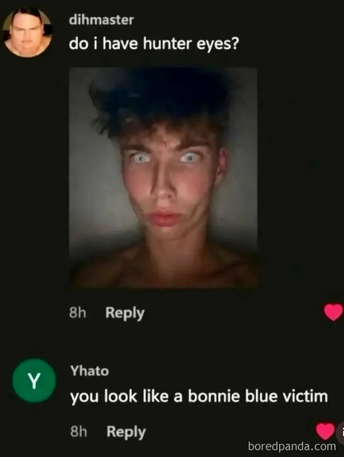 A ridiculous meme showing a selfie of a man and a funny comment comparing him to a Bonnie Blue victim.