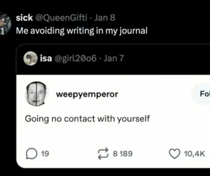 A screenshot from social media displaying strange internet content about avoiding journaling by going no contact with oneself.