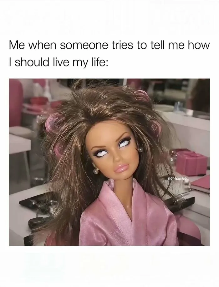 Funny memes showing a Barbie doll rolling her eyes representing relatable reactions.