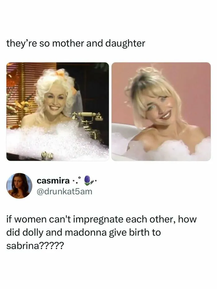 A side-by-side comparison meme of Dolly Parton and Sabrina Carpenter, highlighting pop culture news.