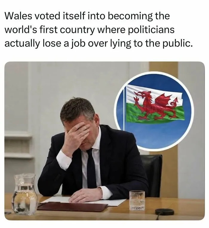 A stressed politician is shown next to the Welsh flag, representing intriguing stories from the web