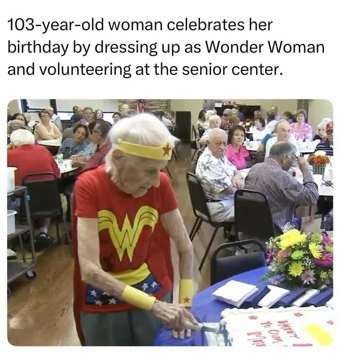 A 103-year-old woman dressed as Wonder Woman cuts a birthday cake, showcasing random finds online
