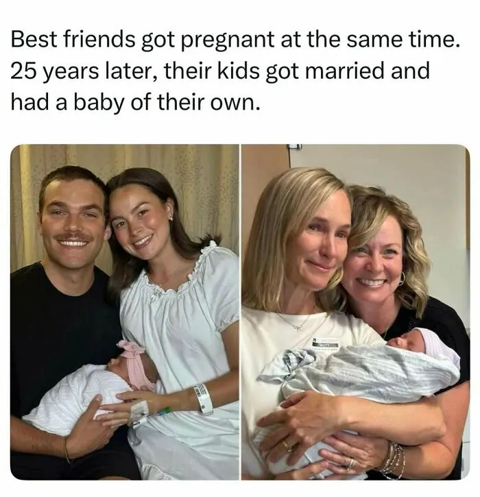 A split image of friends with their newborn children, sharing fascinating stories and random finds.