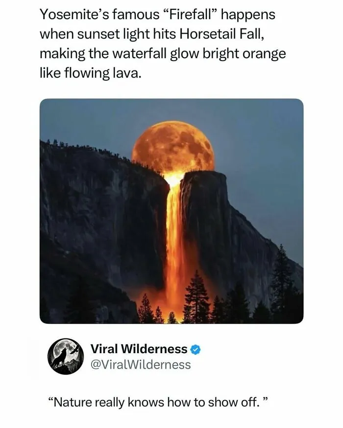 Yosemite Firefall glowing bright orange waterfall with sunset and full moon