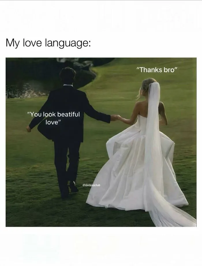 Bride and groom walking outdoors with humorous text about being a woman.