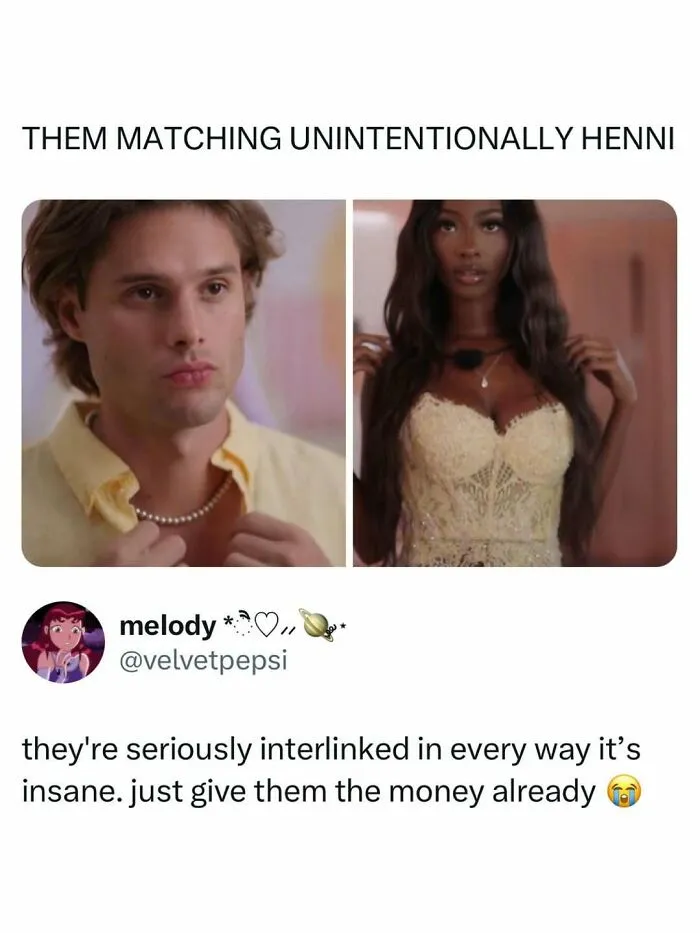 Meme featuring contestants on Love Island in matching yellow outfits highlighting a pop culture news moment.