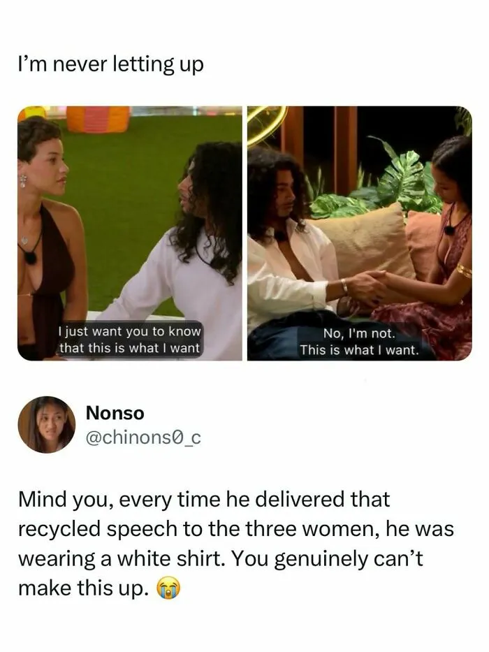 A funny pop culture news meme comparing two scenes of a man wearing a white shirt on a reality dating show.