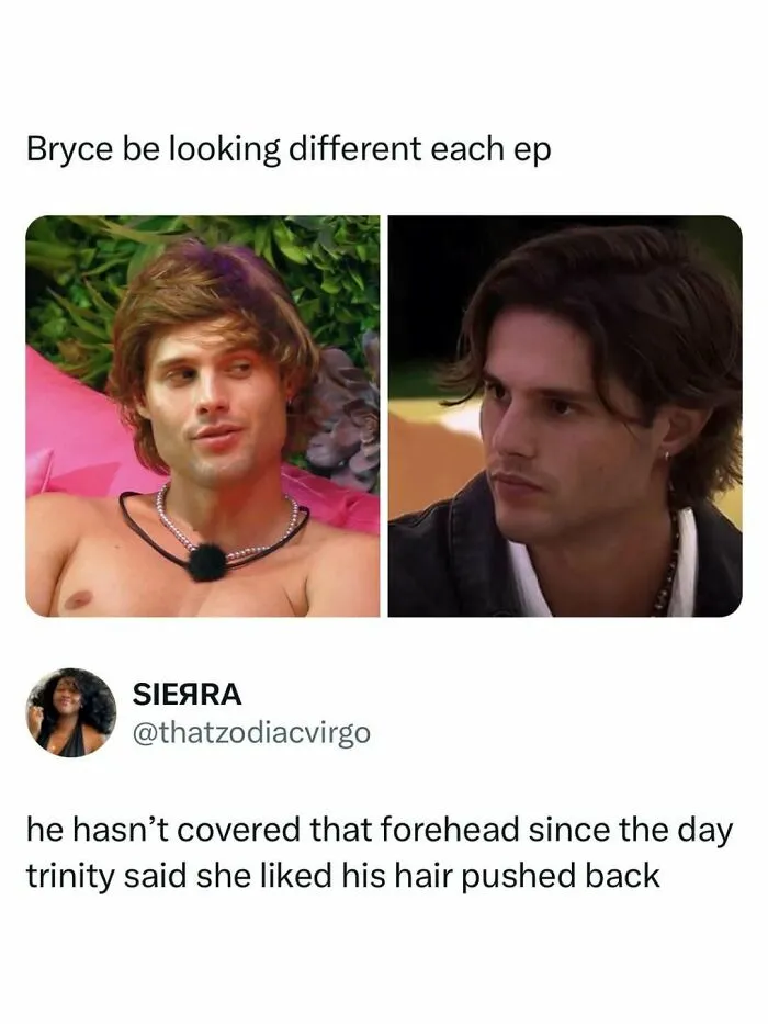 Pop culture news post comparing two photos of Bryce from Love Island with different hairstyles.