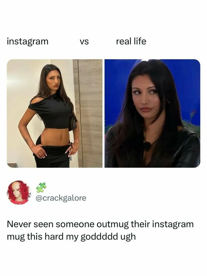 Meme comparing an Instagram photo vs real life appearance, a popular pop culture news topic.