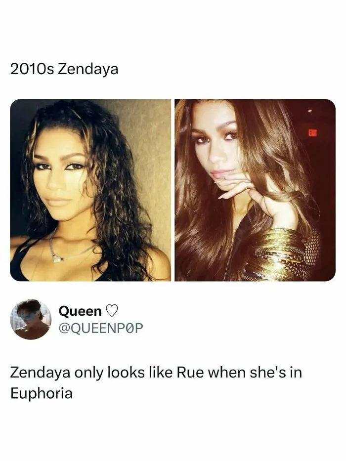 Pop culture news post with two side-by-side photos of 2010s Zendaya looking like her character Rue.