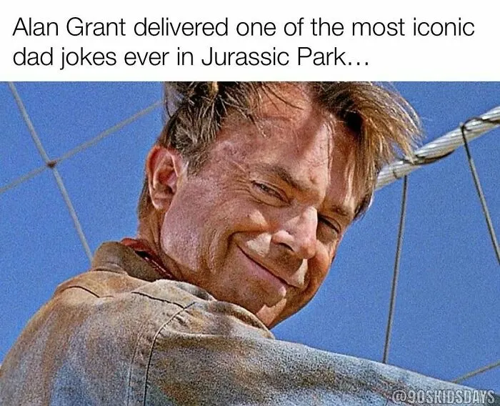 Dr. Alan Grant winking in Jurassic Park, a nostalgic childhood 90s meme.