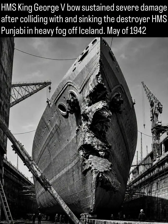 Damaged bow of HMS King George V in a dry dock in 1942, from remarkable photos showing the past.