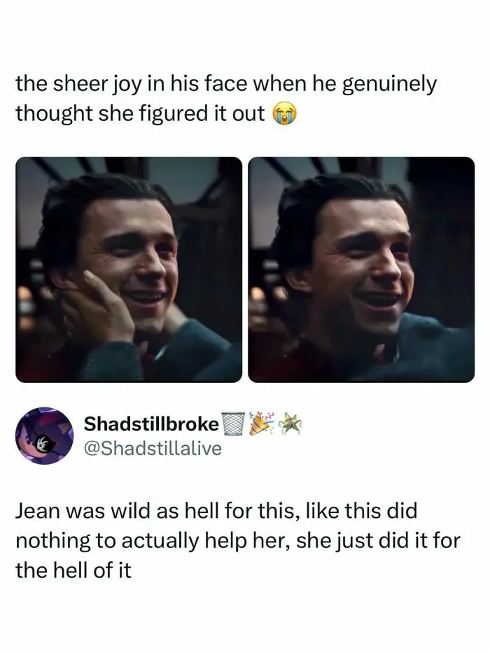 Emotional meme of Tom Holland smiling, sharing the latest funny pop culture news updates.