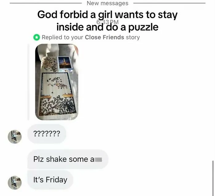 A screenshot of a text conversation where someone is shamed for doing a puzzle, capturing the internet at its strangest.