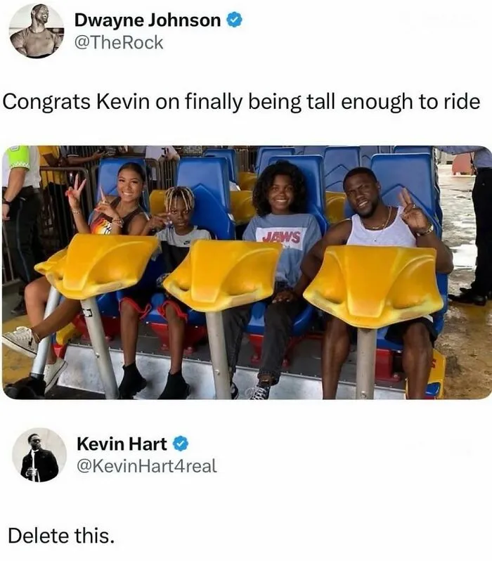 Kevin Hart replies with humor on Dwayne Johnson tall enough to ride meme