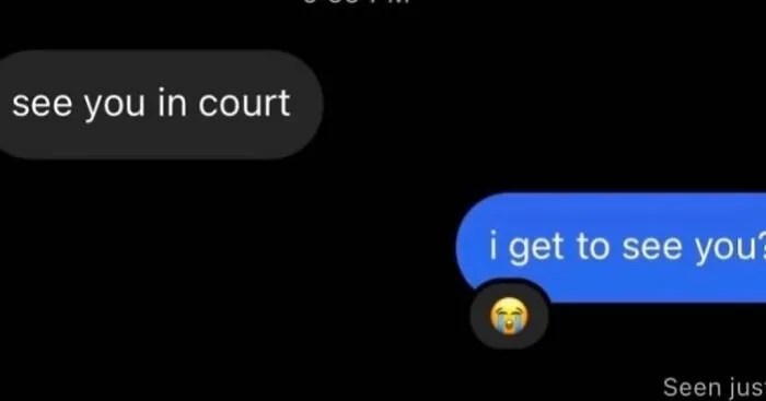 A strange internet screenshot of a text message exchange: see you in court / i get to see you? with a crying emoji.