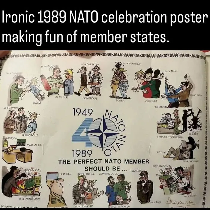 A satirical 1989 NATO celebration poster making fun of member states, showing the past in a unique way