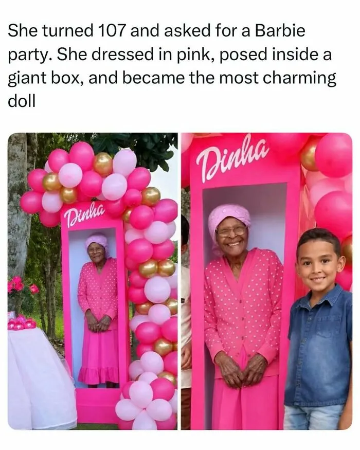 A smiling 107-year-old woman posing in a pink Barbie doll box, representing fascinating stories shared online