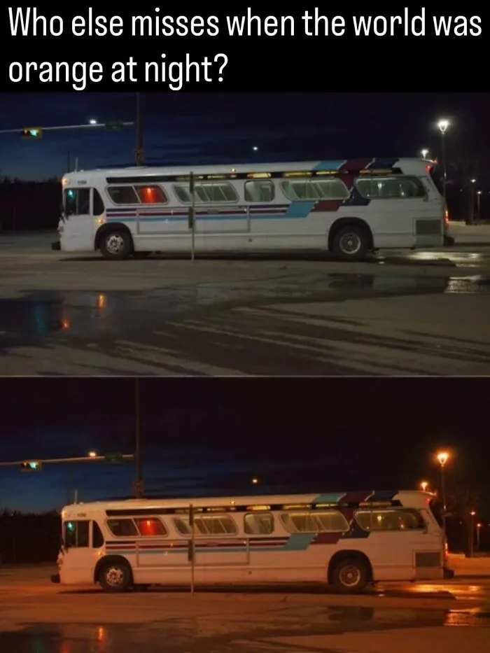 A comparison of a bus under white and orange night lights, showcasing remarkable photos of the past.