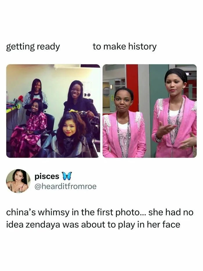 Retro pop culture news meme featuring Zendaya and China Anne McClain getting ready behind the scenes.