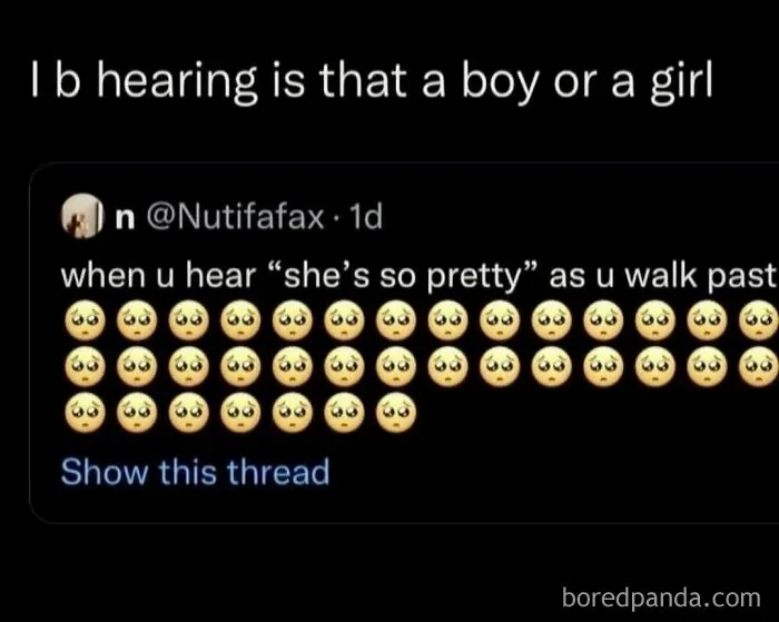 A funny text message post with sad face emojis talking about hearing comments in public.