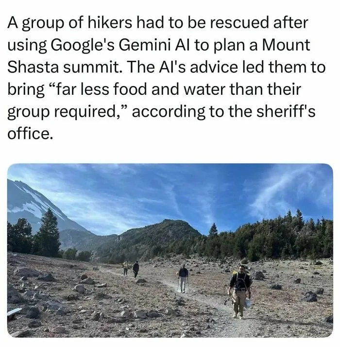 Hikers in a rocky landscape near Mount Shasta, illustrating fascinating stories and random finds from the internet.