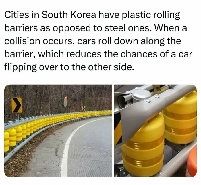 Yellow plastic rolling barriers on a curve, representing fascinating stories from South Korea.