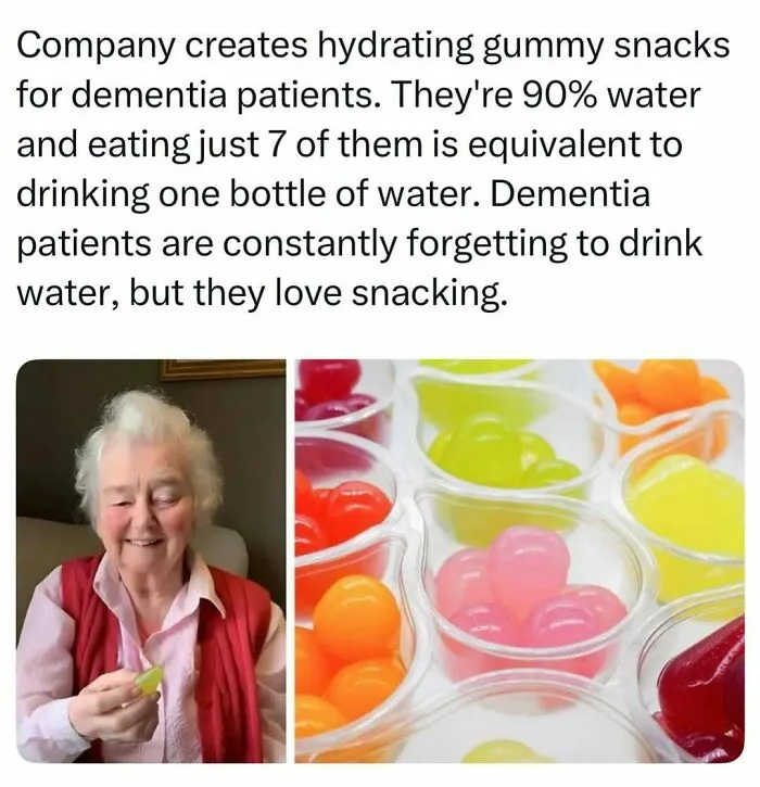 An elderly woman smiling while eating hydrating gummy snacks, showing fascinating stories