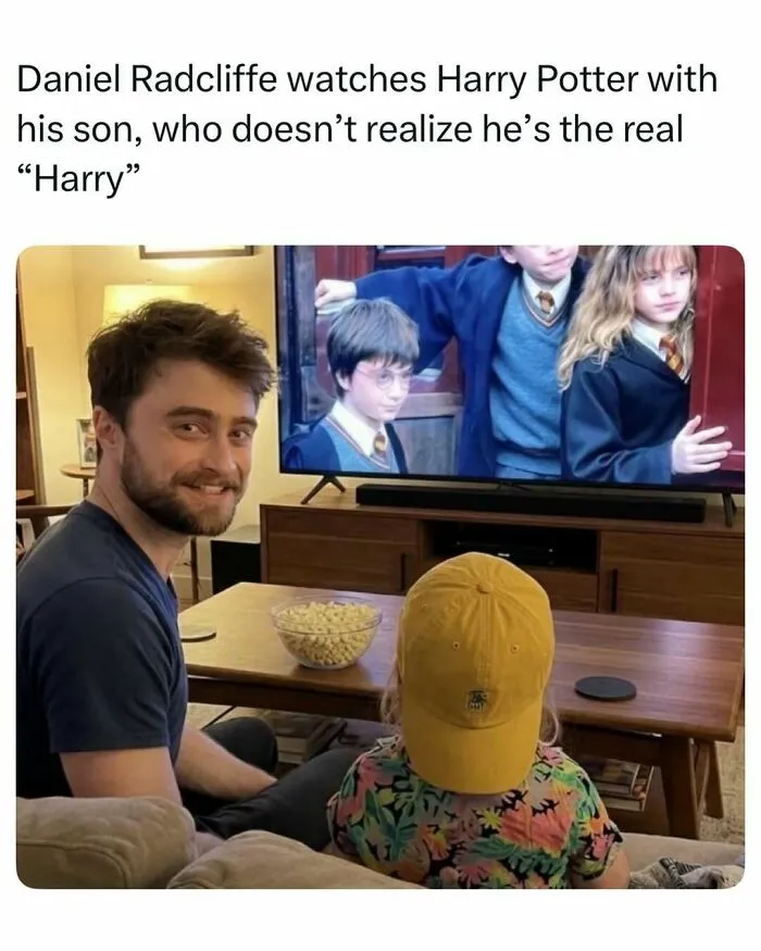 Daniel Radcliffe watching Harry Potter on TV with his young son, a fascinating stories moment shared online.