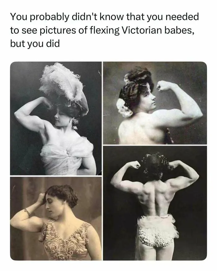 Four black and white photos of flexing Victorian women, showcasing fascinating stories from history.