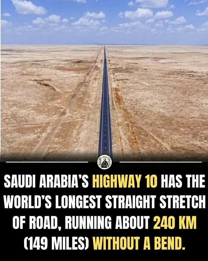 Saudi Arabia's Highway 10 with the world's longest straight road stretch of 240 km